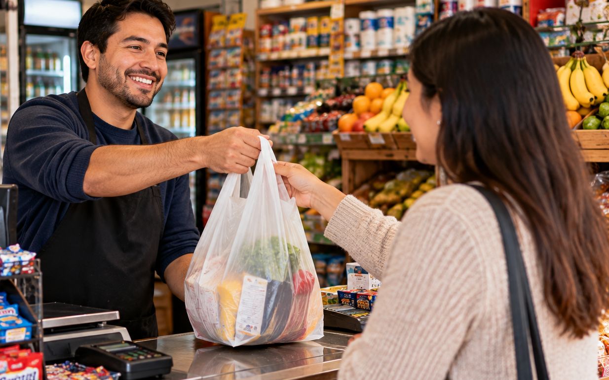 Vendedor entregando un pedido listo en el mesón